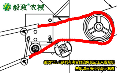 毅政牌ZL1系列有離合器的免剝皮玉米脫粒機(jī)，主傳動三角帶正確安裝